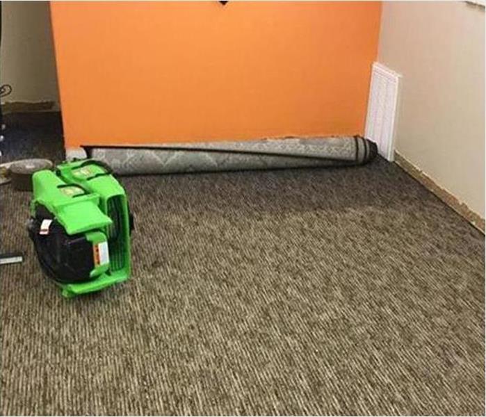 air mover rolled up carpet, drying carpet and removed baseboards